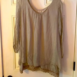 Taupe blouse, size large, beautiful lace trim